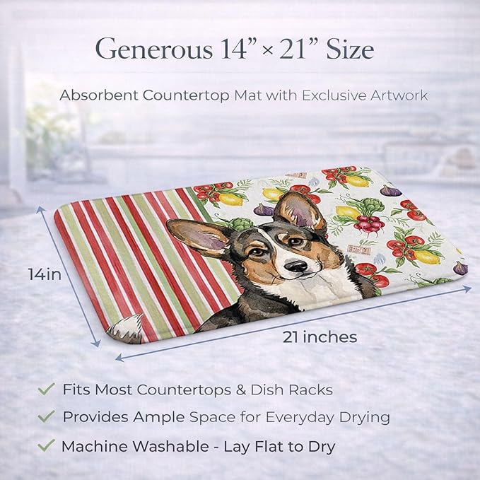 Caroline's Treasures Brindle Cardigan Welsh Corgi Vegetables Dish Drying Mat Absorbent Dish Drying Mat Pad for Kitchen Counter Dish Drainer Mat for Countertop 14 x 21 Multicolor