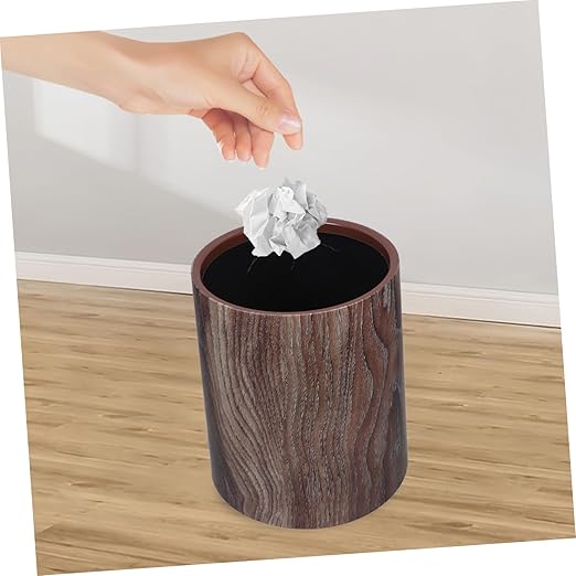 Uonlytech Imitation Wood Grain Trash Can No Lid Plastic Waste Basket Lightweight Bathroom Kitchen Indoor Garbage Bin with Elegant Vintage Design