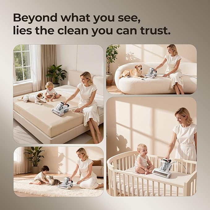 JIGOO Bed Vacuum Cleaner with Dust Sensor Mattress Vacuum Cleaner with UV &amp Ultrasonic and High Heating 13Kpa Suction 500W Powerful Double-Cup Handheld Vacuums (J300 Corded)