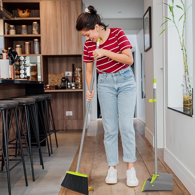 Broom and Dustpan Set with Long Handle 52 Standing Broom and Dust Pan Set for Home Kitchen Room Office Lobby Green