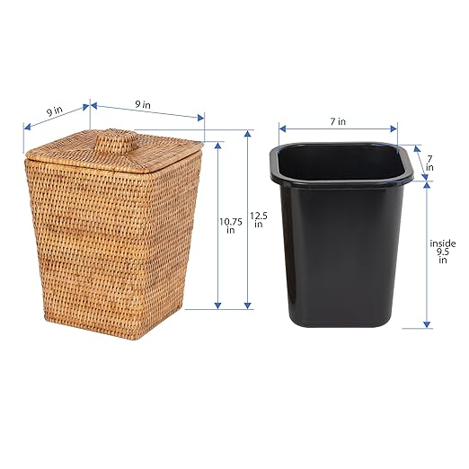 Kouboo Rattan Square Paper Waste Basket and Trash Bin with Lid and Plastic Insert 2 Gallon Capcity Honey-Brown