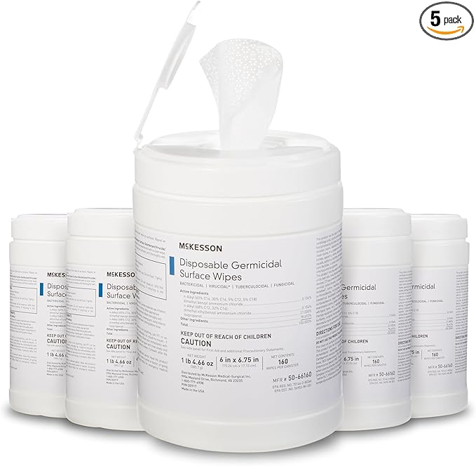 McKesson Germicidal Wipes [800 Count] Disinfecting Wipes Alcohol Cleaning Disinfectant Wipes Hospital Grade Multi-Surface Wipes 160 Wipes 5 Pack