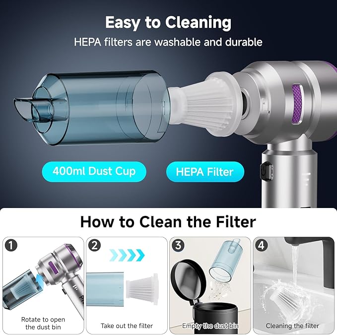 Handheld Vacuum Cordless Car Vacuum Cleaner with Brushless Motor Strong Suction Vacuum &amp Compressed Air Dusters with LED Light Type C Port Wireless Mini Portable Hand Vacuum Blower for Home P