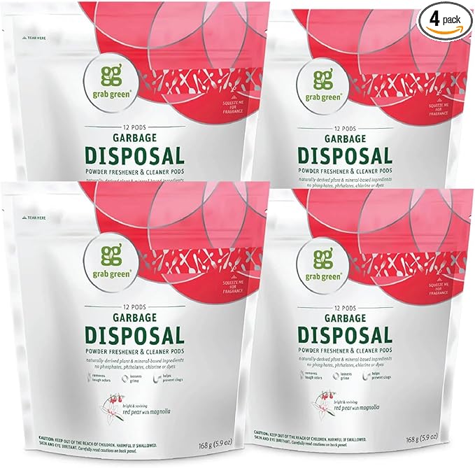 Grab Green Naturally-Derived Mineral-Based Disposal Cleaner &amp Freshener Pods Red Pear with Magnolia 12 Pods (4-Pack)
