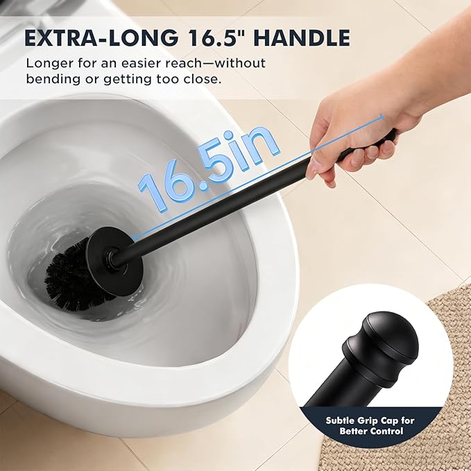 Toilet Brush and Holder Set Stainless Steel Toilet Bowl Brush with 16.5 Long-Reach Handle Tilted Canister with Concealed Brush Head &amp Anti-Splash Shield for Bathroom Cleaning 1 Spare Head Incl