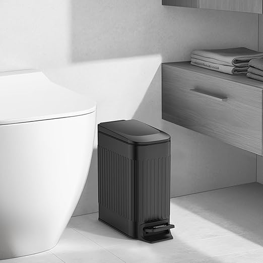 TIPGO Slim Bathroom Trash Can with Lid Soft Close Step Pedal 6 Liter / 1.6 Gallon Stainless Steel Trash Bin Small Garbage Cans for Bedroom Office Kitchen (Black)