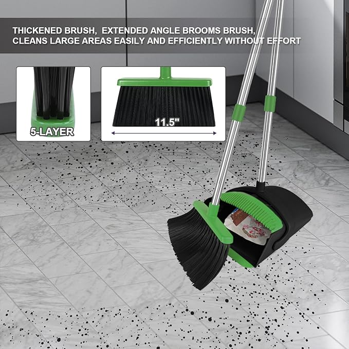 Green Broom with Dustpan Combo Set 51 Long Handle Household Cleaning Tool Ideal Broom and Dustpan Set for Pet Hair and Home Use