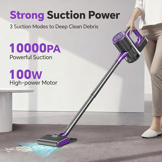 Cordless Vacuum Cleaner Powerful Suction Vacuum Cleaners for Home Stick Vacuum Cordless Rechargeable with LED Screen and 3-Speed Suction Lightweight Handheld Vacuum for Pet Hair Hard Floor Carpet