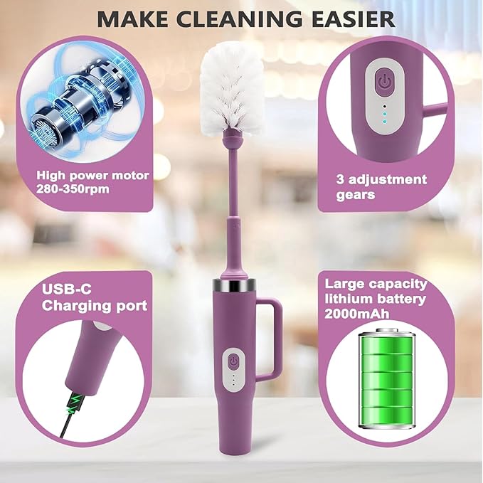 5 in 1 Electric Bottle Brush Cleaner Compatible Stanley Bottle Brush Straw Cleaner Multifunction Rechargeable IPX6 Waterproof Extra Long Design for Stanley Cup Sports Bottle and More (Purple-1)