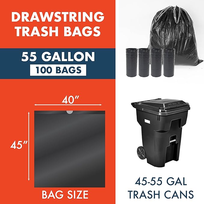 Made Here 55 Gallon Heavy Duty Commercial Trash Bags with Drawstring – Black Waste Can Liners for Office Janitorial and Facility Use Leak-Resistant 100 Count