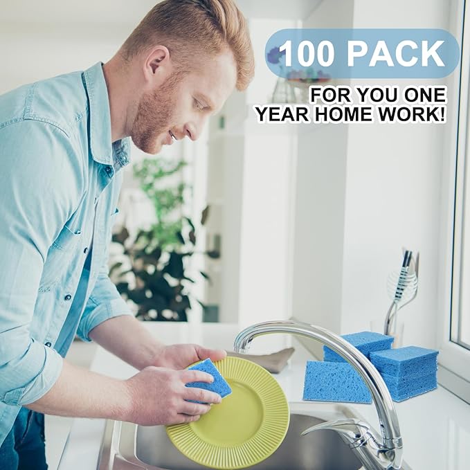 Zhengmy 100 Pieces Sponges Kitchen Compressed Sponges Bulk Natural Dish Sponge Compressed Wood Pulp Cleaning Sponge Without Scratching for Kitchen Bathroom 3.9 x 2.4 x 0.12 Inch (Blue)