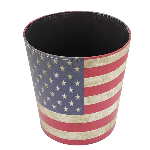 US American Flag Trash Can Vintage Wastebasket PU Leather Waste Paper Bin Decorative Garbage Can Waste Bucket for Home Office USA Flag Pattern