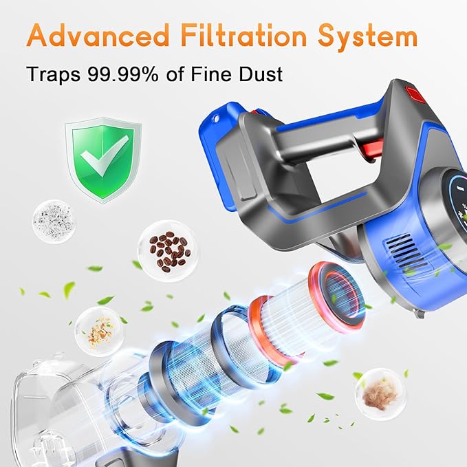 Cordless Vacuum Cleaner 45Kpa Vacuum Cleaner for Home 45Mins Stick Vacuums with Battery Display Anti-Tangle &ampWall Mount Charging 8 in 1 Lightweight Vacuum for Hard floor Carpets Pet Hair Y501