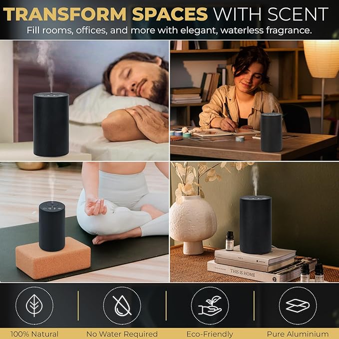Waterless Essential Oil Diffuser – Aromatherapy Scent Diffusers for Home Office Hotel Bedroom – Modern and Elegant Mini Fragrance Diffuser – Cordless and Portable with Digital Display(Grey)