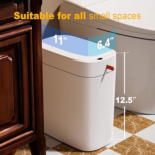 MOPUP Bathroom Trash Can Automatic Bagging Garbage Can 3.5 Gallon Slim Smart Small Plastic Trash Bin Narrow Motion Sensor Trash Can for Bedroom Office White