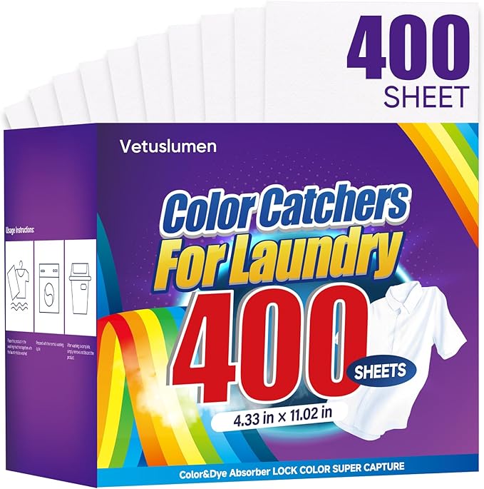 Veuslumen Color Catchers for Laundry - 400 Count Color Absorber Sheets Prevent Color Bleeding &amp Protect Colors Lock in Dyes Allow Safe Mixed Washes for All Machines