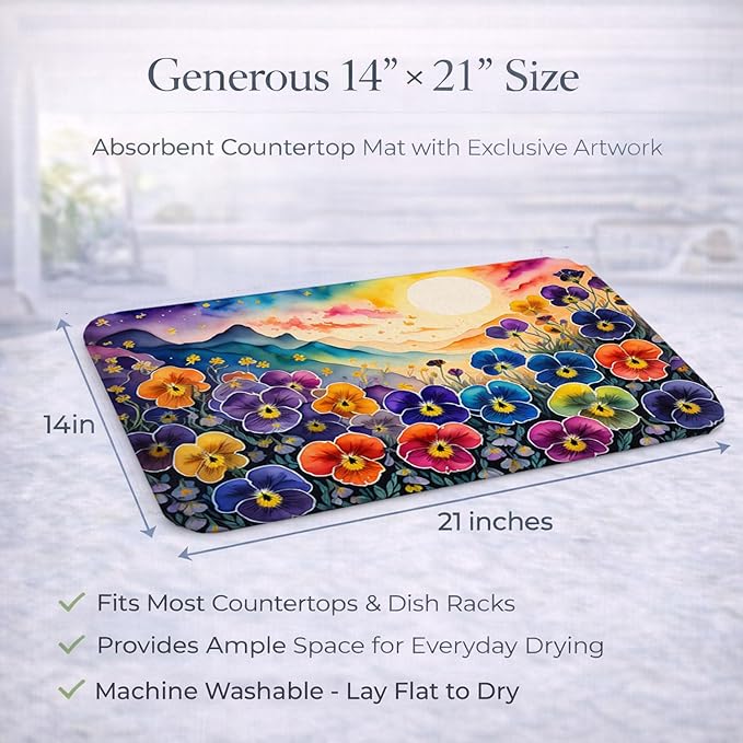 Caroline's Treasures DAC1450DDM Pansies in Color Dish Drying Mat Absorbent Dish Drying Mat Pad for Kitchen Counter Dish Drainer Mat for Countertop 14 x 21 Multicolor