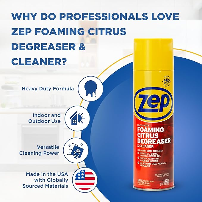 Zep Heavy-Duty Foaming Citrus Degreaser &amp Cleaner - 18 oz. (Case of 6) - ZUHFD186 - Pro-Trusted Citrus Formula Cuts Through Grease &amp Grime with Ease