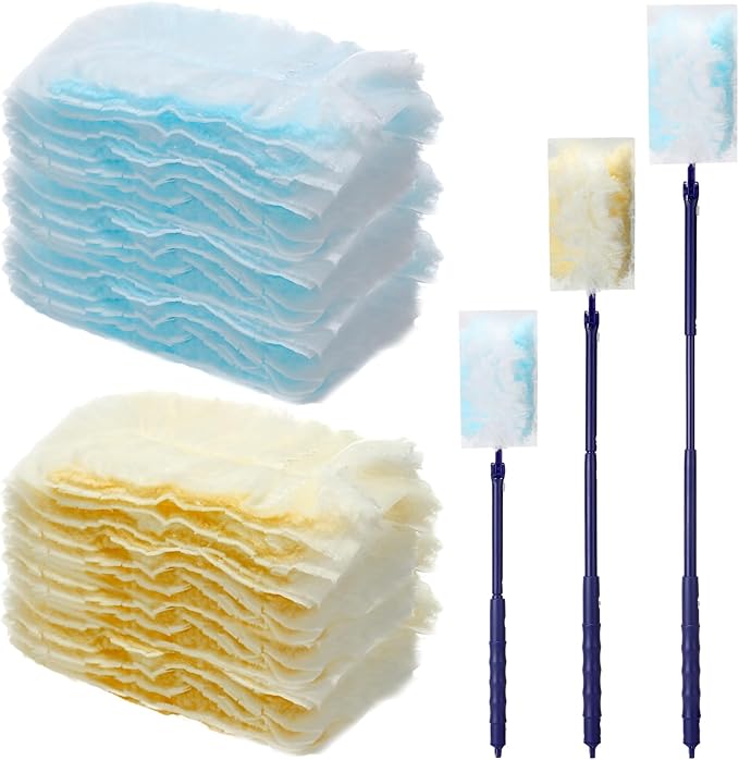 Maxcheck 180 Pcs 180° Disposable Dusters Refills Thickened Degree Heavy Duty Dusters Replacement Head with 3 Handles for Furniture Ceiling Cleaning (Blue Orange White)