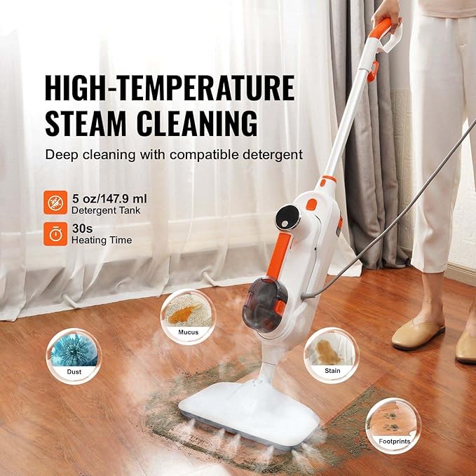 Steam Mop 8-in-1 Hard Wood Floor Cleaner with 7 Replaceable Brush Heads for Various Hard Floors Like Ceramic Granite Marble Linoleum Natural Floor Mop with 2 pcs Machine Washable Pads