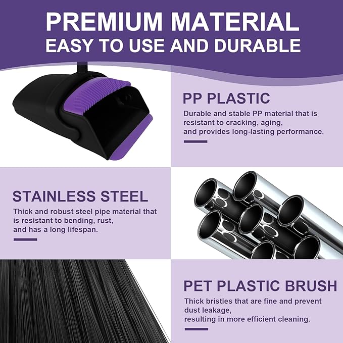 Broom with Dustpan Combo Set and Silicone Air Broom Kit 51 Long Handle Floor Squeegee Purple Household Kit for Glass Window Rugs Pet Hair Home