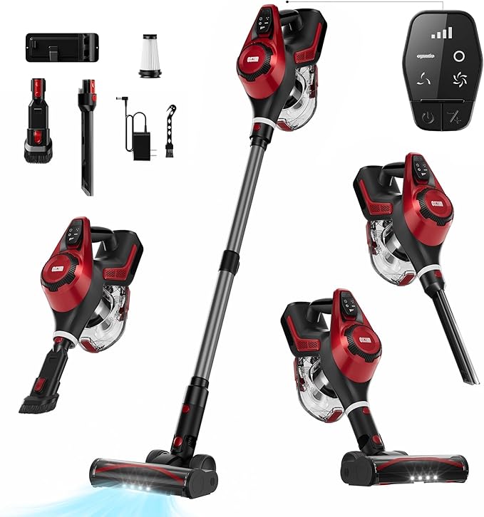Cordless Vacuum Cleaner for Home Stick Vacuum 40Kpa Smart Display &amp 1.5L Dust Cup MAX 40mins Runtime Rechargeable Lightweight Handheld Vavuum for Pet Hair/Carpet/Hardwood Floor/Car (Crimson)