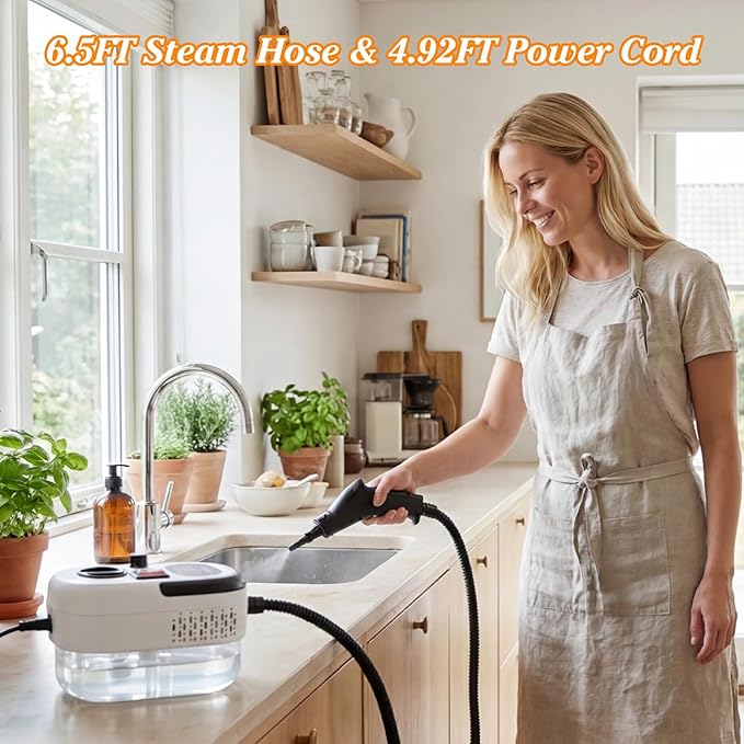 Handheld Steam Cleaner 2500W Portable Steamer with 6.56FT Long Hose 6-Level Adjustable 15s Heat-Up 1.2L Large Tank Multi-Purpose Steamer for Home Car Bathroom Grease (White)