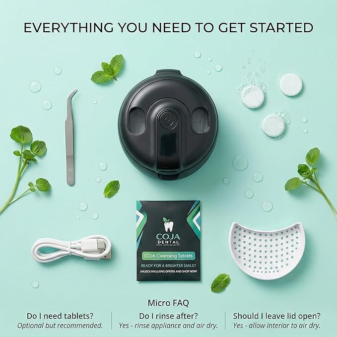 Retainer Cleaner Machine Pod PRO | 48kHz Ultrasonic Dental Pod for Mouthguard Dentures &amp Aligners | UV Light | 3 Cleaning Modes | Tablets Included