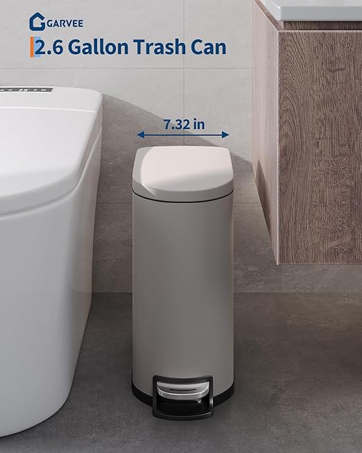 GarveeHome 2.6 Gallon Bathroom Trash Can Space-Saving Slim Stainless Steel Step-On Garbage Bin with Soft Close Lid Removable Inner Bucket for Bathroom &amp BedroomGrey
