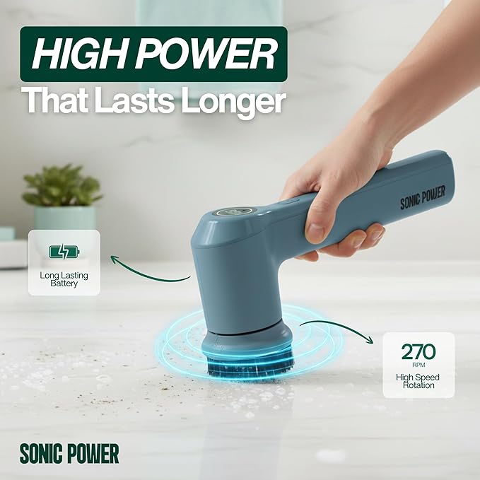 Electric Spin Scrubber – Handheld &amp Ergonomic IPX7 Waterproof 4 Multi-Purpose Brush Heads Long-Lasting Rechargeable Battery – Cleans Dishes Bathroom Tile Grout &amp Kitchen (Steel Blue)