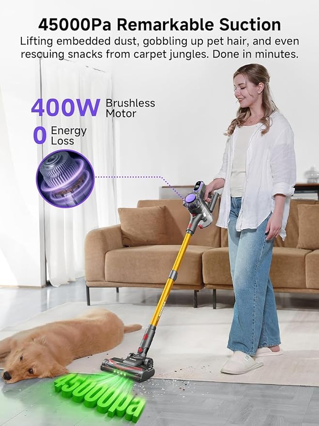 MONSGA Cordless Vacuum Cleaner 45KPa 400W Stick Vacuum for Home 50Mins Anti-Tangled Vacuum Cleaner with Charging Dock Light-Weighted Handheld Vacuum for Pet Hair/Carpet/Floor LED Touch Display