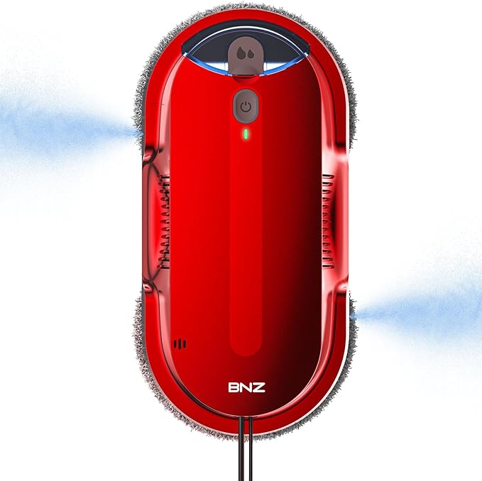 BNZ Smart Window Cleaning Robot Twin Turbo &amp Dual Auto-Spray Window Cleaner with Multiple Safety System AI Path Planning Frameless Edge Detection K1 (Ruby Red)