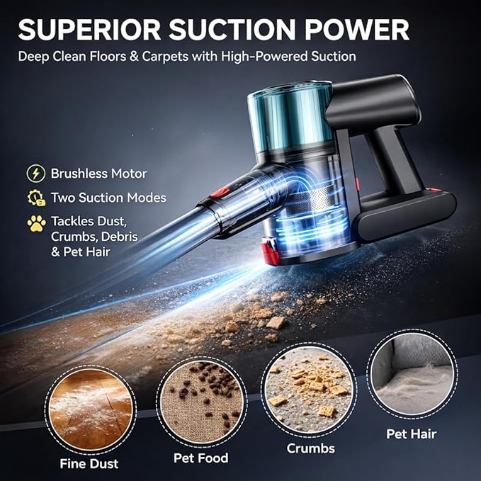 Cordless Vacuum Cleaner Stick Vacuum for Pet Hair &amp Hardwood Floor Self-Standing Rechargeable Vacuum with Smart LED Display Lightweight Battery Powered Vacuum for Home Dorm &amp Dog Hair-Blu