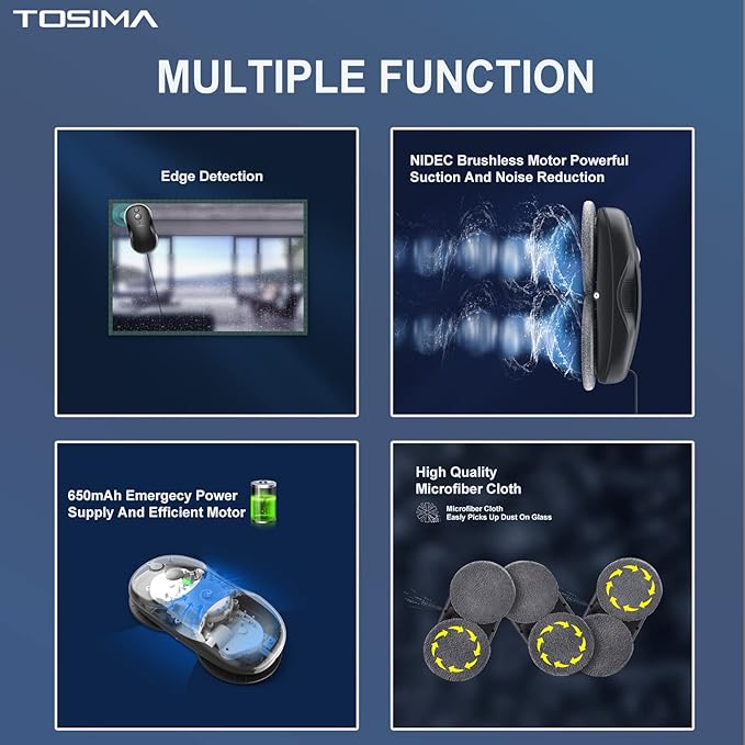 Tosima W3 Window Cleaning Robot - Dual Direction Auto-Spray Smart Window Cleaner with Triple Safety System Smart Navigation Remote Control for All Smooth Surfaces with 12 Rags Black