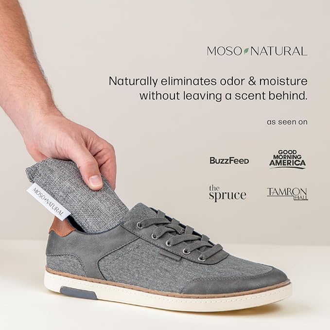 Moso Natural Shoe Deodorizer Inserts Charcoal Odor Absorber for Shoes Gym Bag &amp Boot Deodorizer Long-Lasting Shoe Odor Elimination Unscented Air Purifying Bags (Two Per Pack. 4 Total)