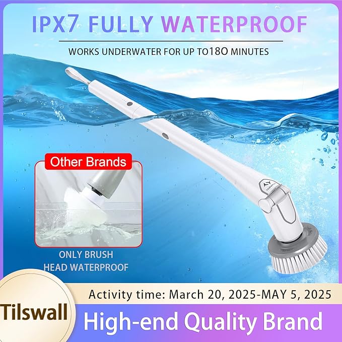 Tilswall Cordless Electric Spin Scrubber - IPX7 Waterproof Cleaning Brush with 180Min Runtime &amp 43 Extendable Handle Ideal Gift for Home/Bathroom/Car (Includes 4 Brush Heads)