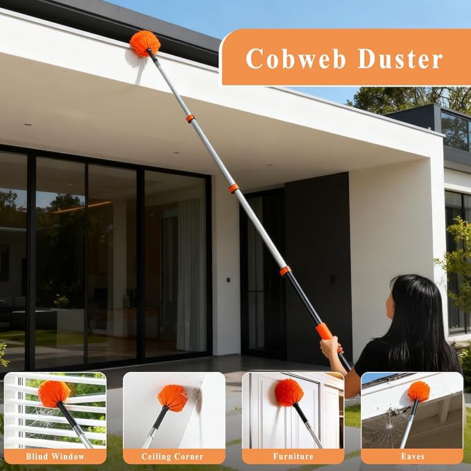 20ft High Ceiling Duster Kit with 4-12ft Heavy-Duty Extension Pole Cobweb Duster Ceiling Fan Duster Window Squeegee &amp Cleaner Microfiber Duster Wall Mop for Home High Reach Cleaning