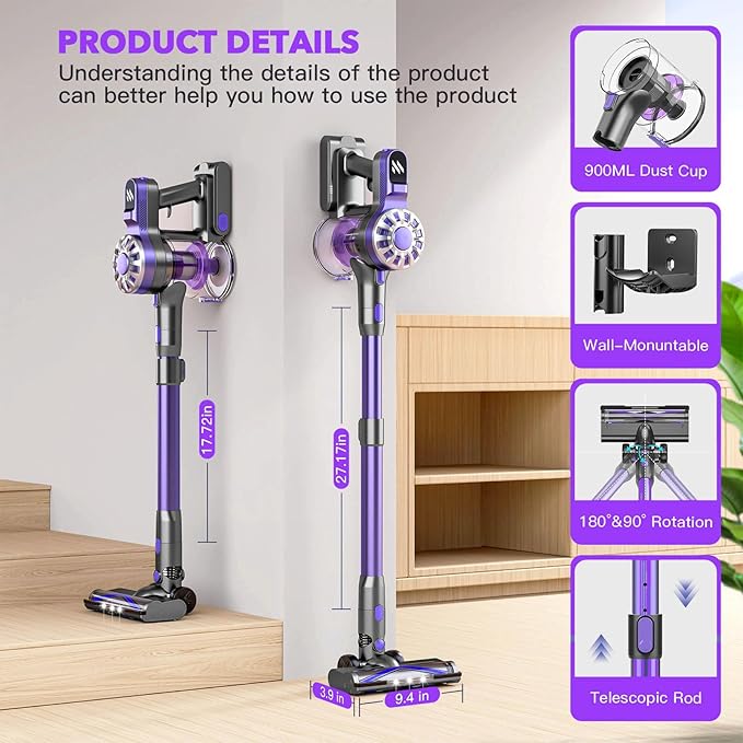 Cordless Vacuum Cleaner for HomeLightweight Stick Vacuum Cordless Rechargeable with Power Suction Up to 35 Mins Runtime Hardwood Floor Vacuum for Pet HairCarpetsTile(Deep Purple)