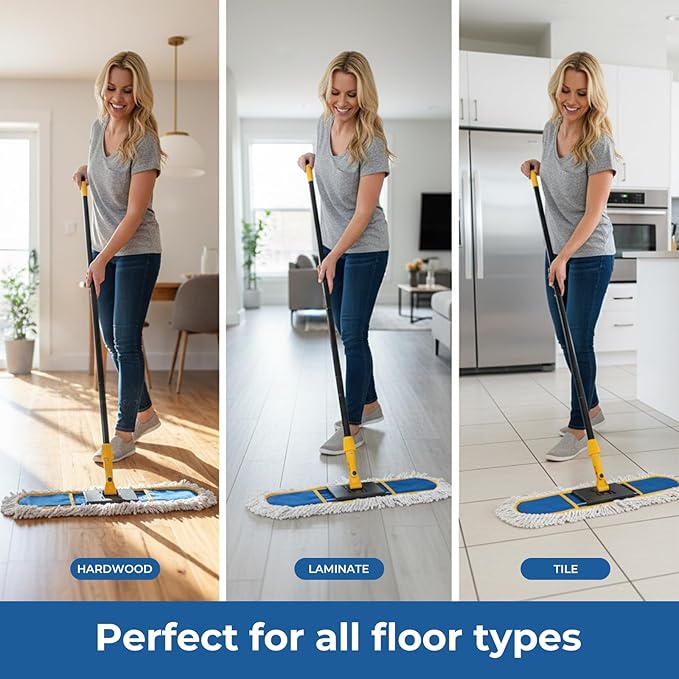 24 Dust Mop for Floor Cleaning Large Areas Dry &amp Wet Mop with 2 Washable Cotton Pads Efficiently Picks Up Pet Hair &amp Dust for Hardwood Tile Laminate Patio