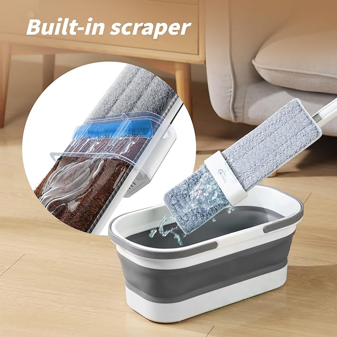 Oshang Flat Mop and Collapsible Bucket OG7 with Wheels 2 Washable Reusable Microfiber Pads Pure White