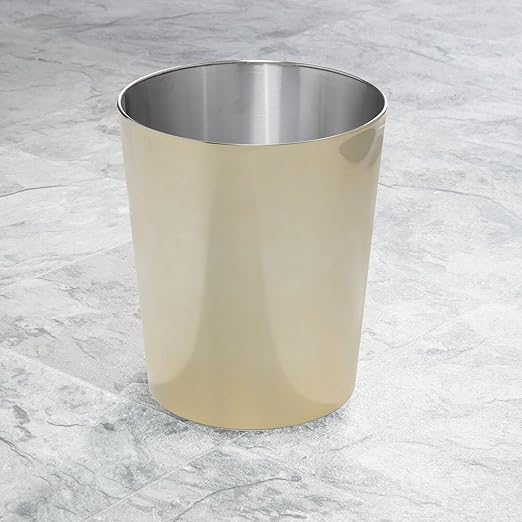 mDesign Round Metal Small 1.7 Gallon Recycle Trash Can Wastebasket Garbage Container Bin for Bathrooms Kitchen Bedroom Home Office - Durable Stainless Steel - Mirri Collection - Soft Brass