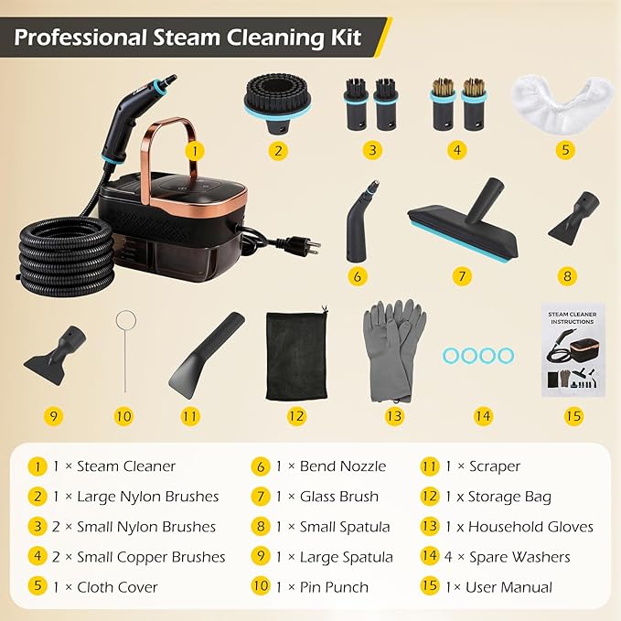 Dyna-Living Steam Cleaner 1500W Engine Steam Cleaner Handheld High Pressure Steam Cleaner for Cleaning Car Steamer with 42.2 oz Tank Portable Steamer for Car Detailing Floor Carpets Tile
