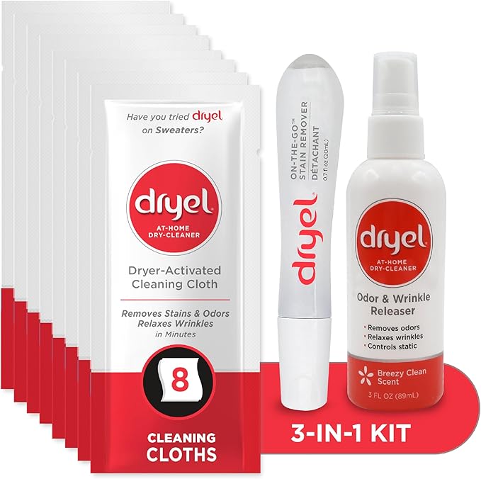 dryel At-Home Dry Cleaner Starter Kit with Wrinkle Release Spray New and Improved Gentle Laundry Care for Special Fabrics and Dry-Clean-Only Clothes 8 Loads with On-the-Go Stain Remover