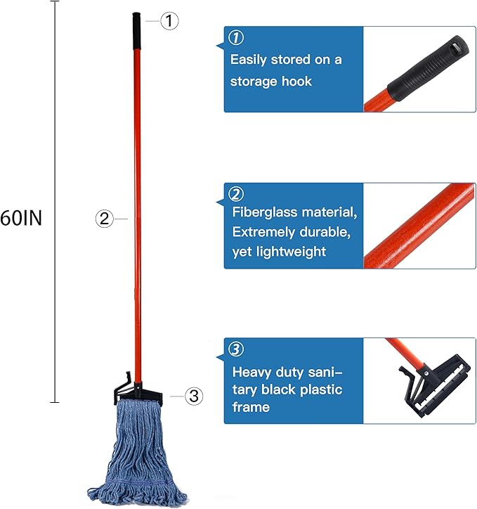 Matthew Easy Trigger Release Mop Handle 60 inch Metal Mop StickCommercial Mop Head Replacement Holder for Floor CleaningClip On Mop Handle Quick Change for Wet Mop Handle - 12Pack Red