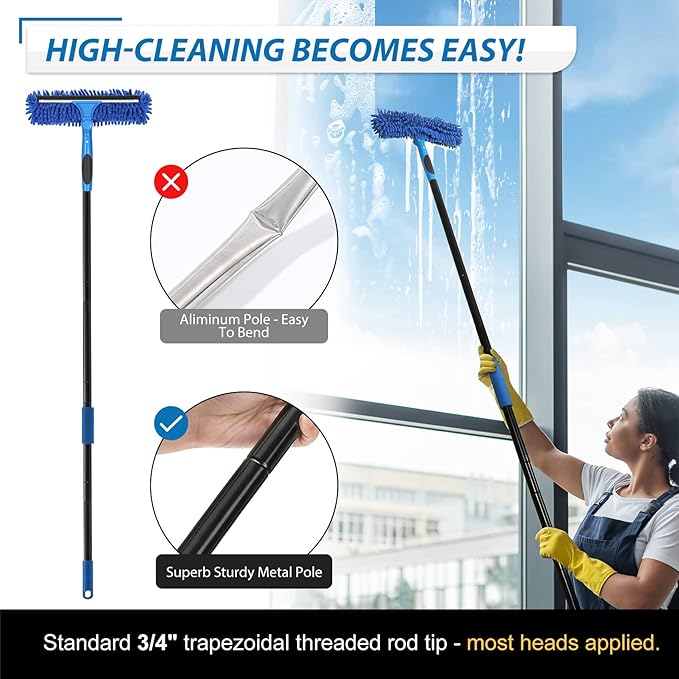 VITEVER Professional 69'' Window Squeegee Cleaner Tool with Extension Pole 2-in-1 Squeegee for Window Cleaning Kit with Scrubber and Rotating Head 1 Blade 2 Scrubber