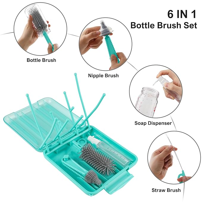 6 in 1 Bottle Brush SetBottle Cleaner Brush Kit with Bottle BrushDrying RackNipple BrushStraw BrushSoap Dispenser&ampStorage BoxPortable Baby Essentials for Home&ampTravel