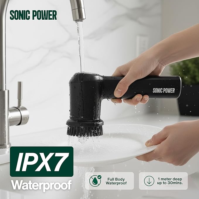 Electric Spin Scrubber – Handheld &amp Ergonomic IPX7 Waterproof 4 Multi-Purpose Brush Heads Long-Lasting Rechargeable Battery – Cleans Dishes Bathroom Tile Grout &amp Kitchen (Black)