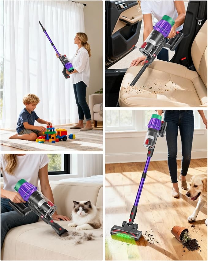 Cordless Vacuum Cleaner 650W 48KPA 60Min Wireless Vacuum for Home Stick Vacuum with Green Light Anti-Tangle Rechargeable Vacuum Cleaners for Pet Hair Carpet Hard Floors （Purple）