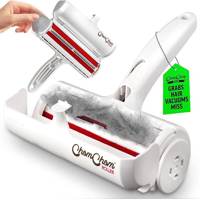 ChomChom Roller Pet Hair Remover – Original Size Reusable Lint Roller for Cat &amp Dog Hair on Furniture Couch Carpet Car Rugs &amp Bedding – Portable Eco-Friendly (White)