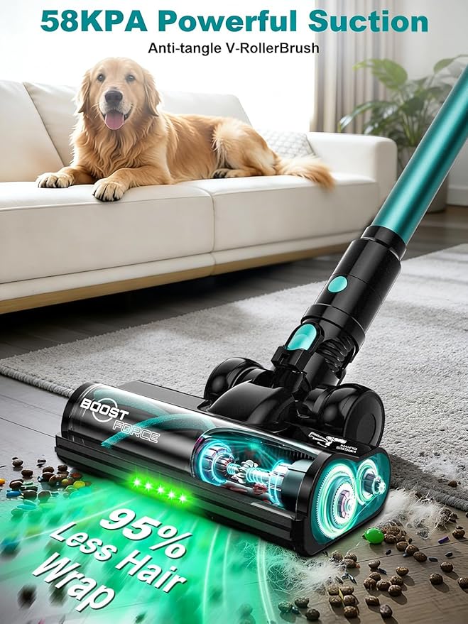 Cordless Vacuum Cleaner 58Kpa Vacuum Cleaners for Home 55Mins Stick Vacuum with Self-Standing &amp LED Display Anti-Tangle &amp Wall Mount Charging (Cyan)